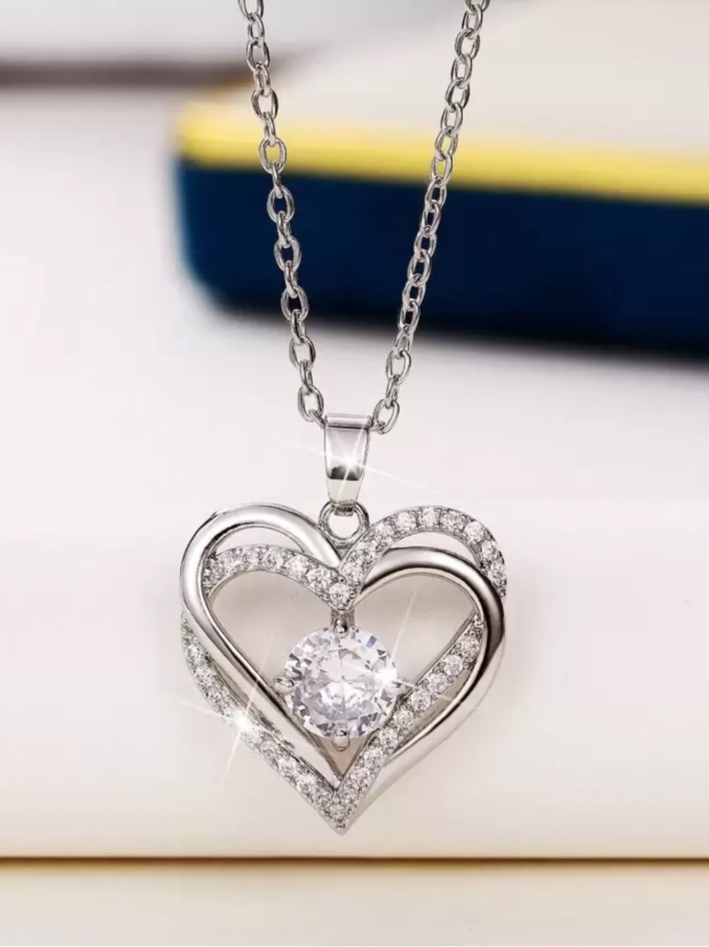 Silver Heart Pendant Necklace with Clear Crystal